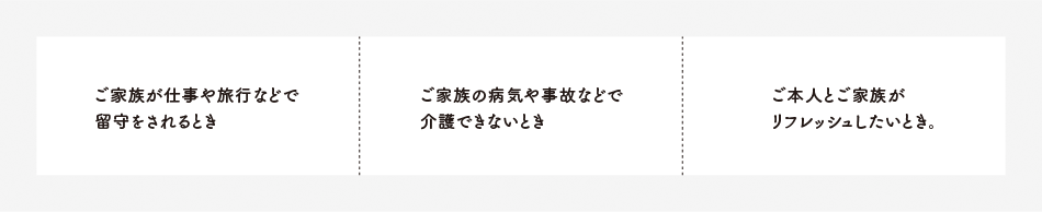 ・ご家族が仕事や旅行などで留守をされるとき・ご家族の病気や事故などで介護できないとき・ご本人とご家族がリフレッシュしたいとき。