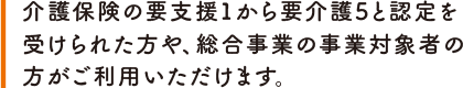 介護保険の要支援1から要介護5と認定を受けられた方や、総合事業の事業対象者の方がご利用いただけます。