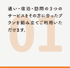 通い・宿泊・訪問の3つのサービスをその方に合ったプランを組み立てご利用いただけます。