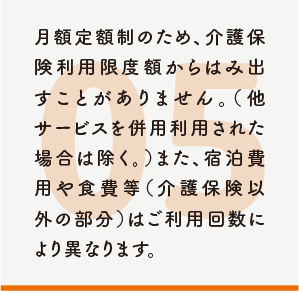 月額定額制のため、介護保険利用限度額からはみ出すことがありません。（他サービスを併用利用された場合は除く。）また、宿泊費用や食費等（介護保険以外の部分）はご利用回数により異なります。